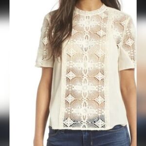 Hinge Antique White Ivory Lace Front Short Sleeve Blouse M